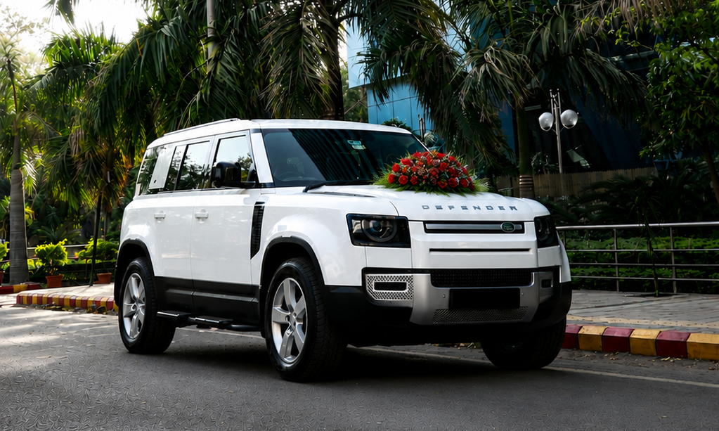 Land Rover Defender ribbon-decorated for Delhi wedding baraat