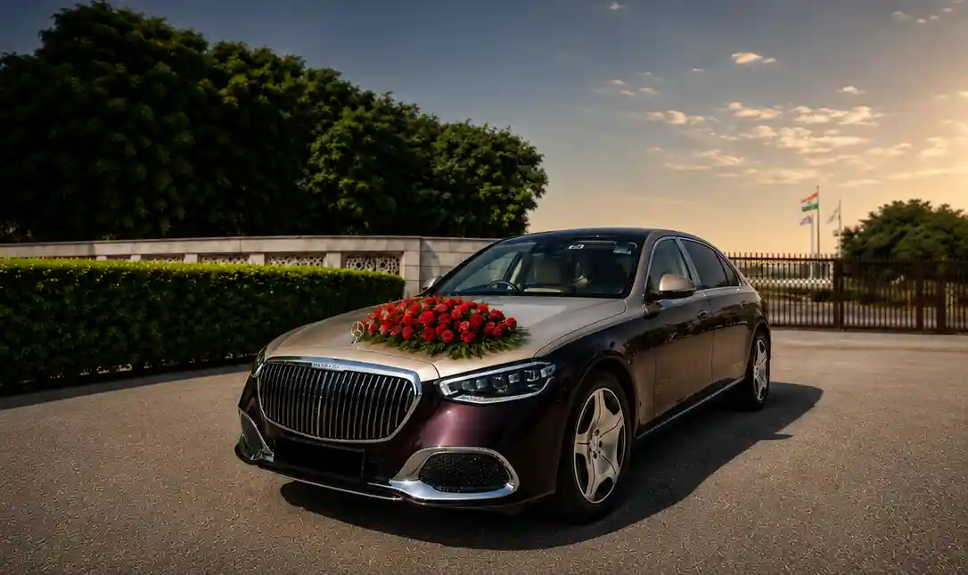 Mercedes Maybach ribbon-decorated bridal car Delhi