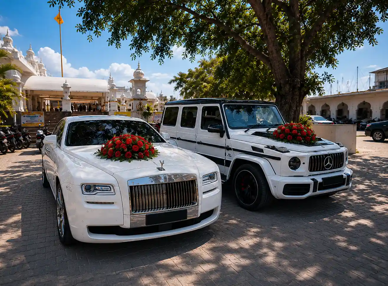 Rolls Royce Phantom ribbon-decorated for Delhi wedding arrival